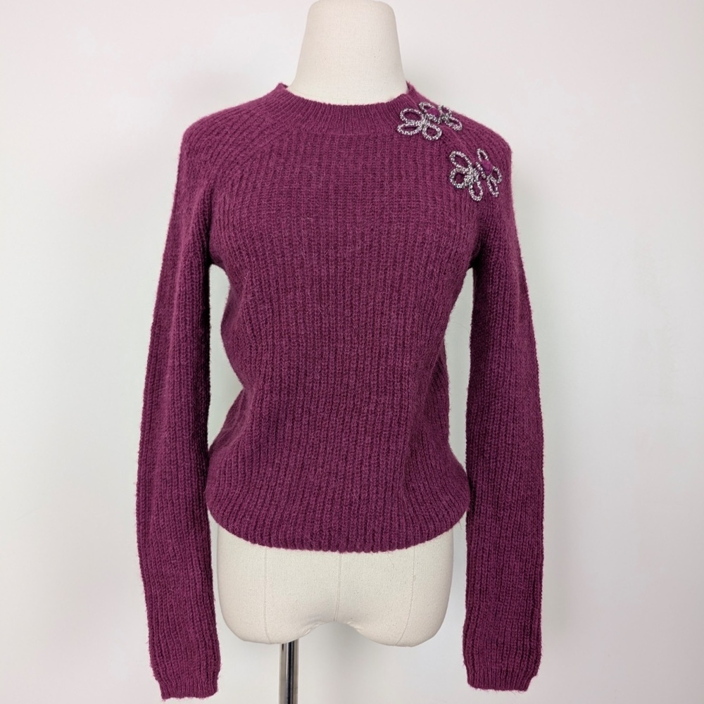 J. Crew Pink Knit Crew Neck Ribbed Long Sleeve Asymmetrical Beaded Shoulder - Picture 5 of 11